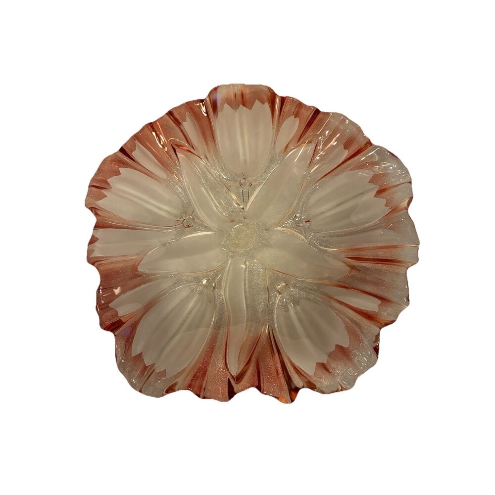 Vintage Mikasa Walter Frosted Glass “ Tulips Pink” Scalloped Edge Dish. 9 Inch